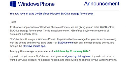 Windows Phone users get free 20GB of extra SkyDrive storage